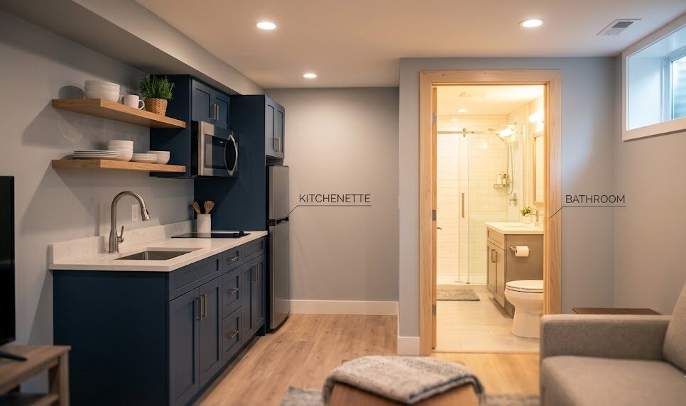 Basement Bathrooms & Kitchenettes That Add Function